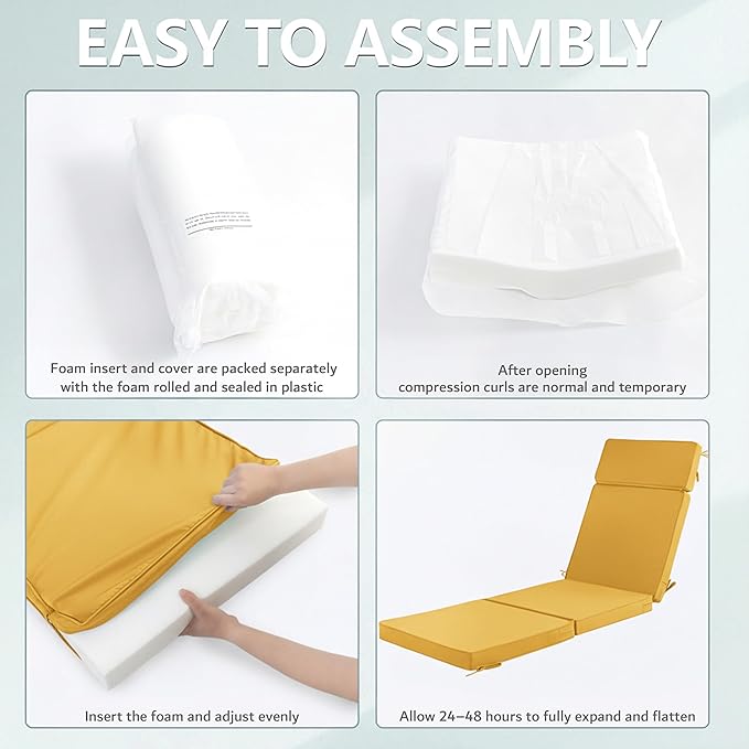 80 x 26 Inch Outdoor Chaise Lounge Cushions Set of 2 - Removable Cover, 4-Section Design, Water-Repellent & Fade-Resistant, 6 Tie Straps, Replacement for Patio & Pool Chairs - Yellow