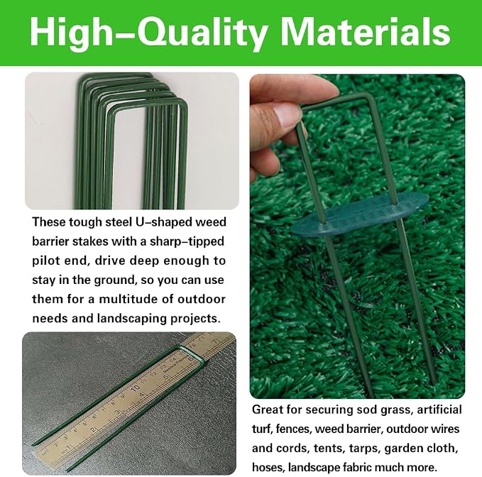 Bakulyor 150pcs Green Artificial Turf Stakes Staples + 150pcs Buffer Washer, 6 Inch 11 Gauge Landscape Staples, Galvanized Lawn Spikes, Heavy Duty Yard Ground Pin for Grass Weed Barrier Sod Fabric