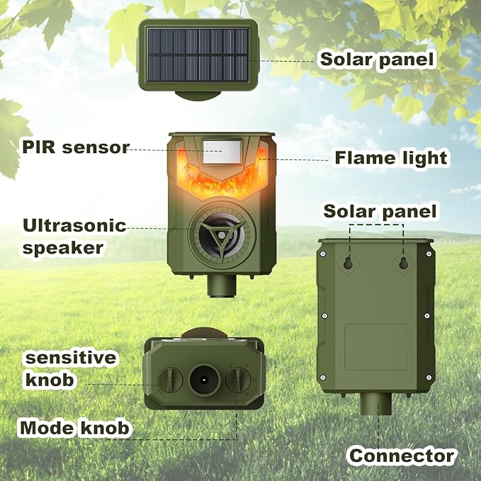 Solar Ultrasonic Deer Repellent Outdoor Solar Animal Repeller Motion Activated Cat Repellent Device 2 Pack Humane Dog Racoon Squirrel Deterrent for Garden Yard Farm Waterproof