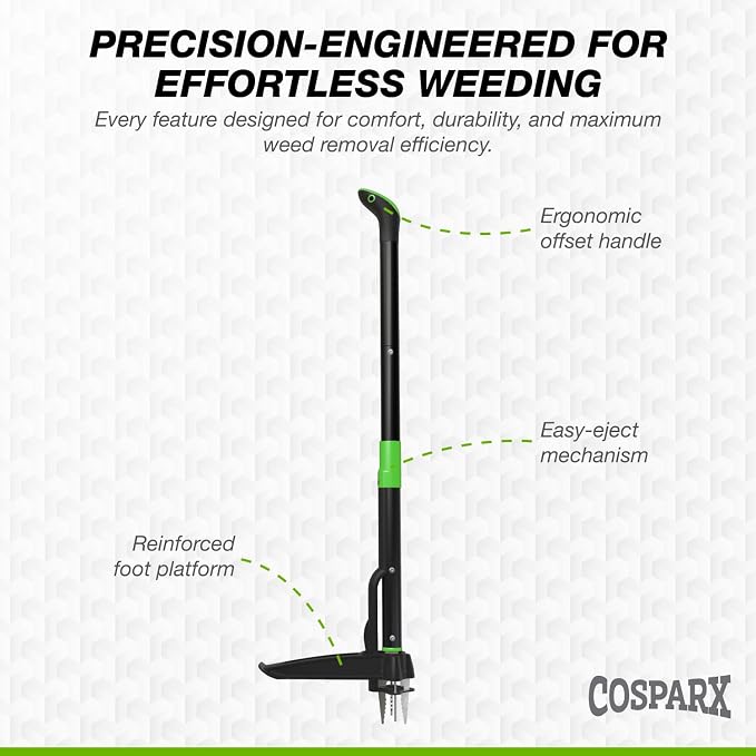 COSPARX Weed Puller Tool with Long 43” Handle, No Bending, Easy Eject – Removes Weeds Effortlessly, Sturdy Foot Pedal & Lightweight Aluminum - 4-Claw Hand Weeding Tool