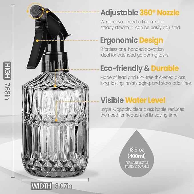 Watering Can Indoor Plants, 20 oz Metal Mini Indoor Watering Can with Long Spout for Houseplants, 13.5 oz Glass Plant Mister Spray Bottle for Bonsai Garden Flower Seedlings (Black/Grey)