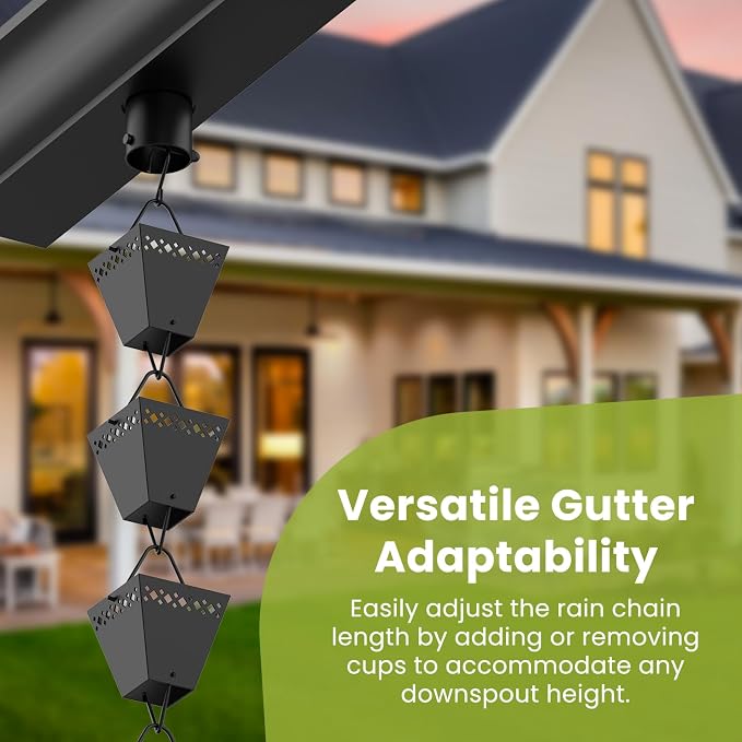 Rain Chain Kit w/Adapter & Extension | Black Powder Coated Rain Chains for Gutters 10 ft | Rain Chain | Gutter Chain Downspout | Rain Chains for Outside | Rain Catcher | Rain Chimes