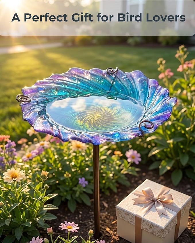 Blue Glass Bird Bath for Outside with Metal Stake 10.5" | Shallow Decorative Garden Birdbath Bowl or Feeder for Backyard Patio Lawn | Outdoor Water Dish for Small Birds