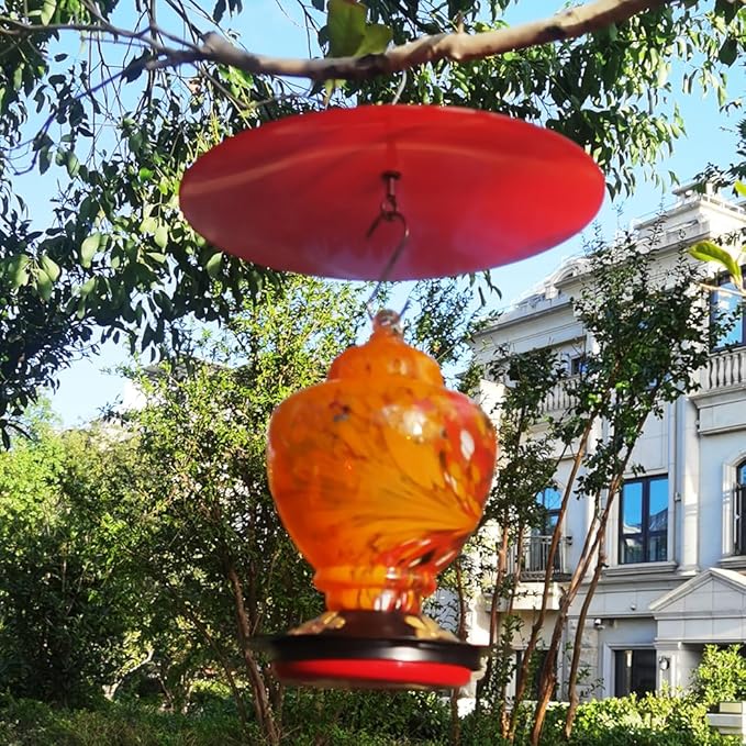10" Glass Rain Cover for Wild Bird Feeder Outdoors - Weather Guard S Hook Hanging - Protective Dome Baffle - Red (Dia. 25CM)
