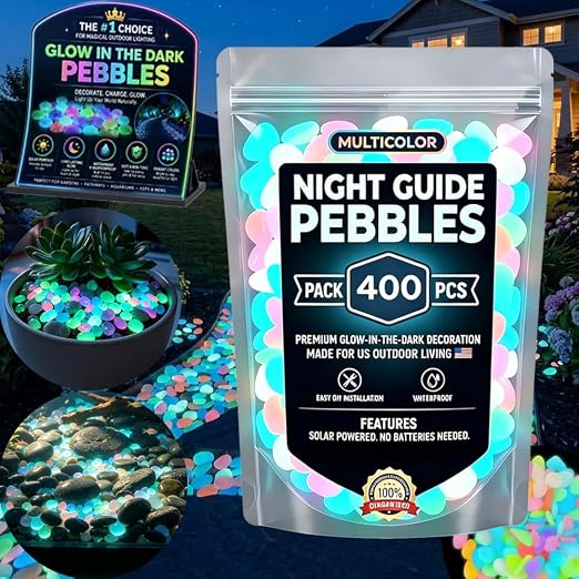 Glow in the Dark Rocks for Landscaping Outdoor Glowing Magical Lights Sea Garden Solar Night Guide Pebbles Colorful Pebbles 2026 New Model Stones Luminous Pebble Gardens Stone Stepping (400)