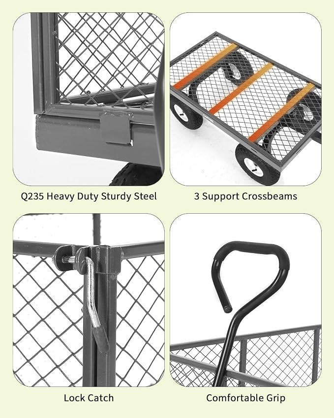 Garvee Versatile Outdoor Utility Cart-800LBS Heavy-Duty, 10" All-Terrain Pneumatic Tires, Easy Maneuverable Lawn Cart with Removable Mesh Panels for Gardening&Landscaping, Grey, with Waterproof Liner