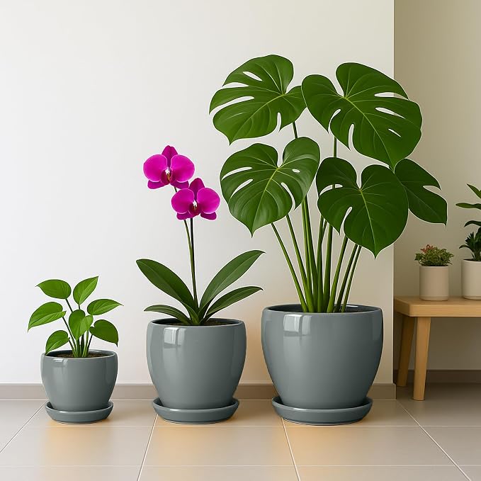 Deep Dream 10 Inch Plant Pot- Ceramic Planter Pot Round Plant Pots for Indoor Plants Outdoor Large Flower Pot with Drainage Holes & Trays, Grey