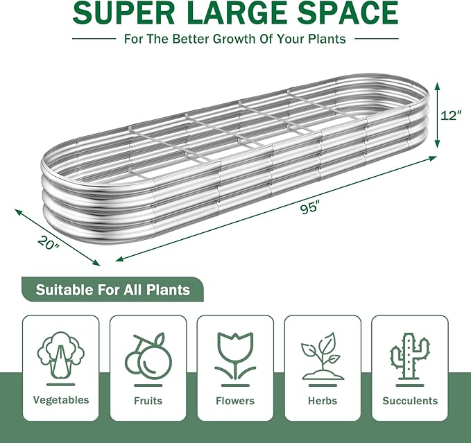RAYKEEP 2pcs 8x2x1FT Raised Garden Beds Outdoor Kit, Galvanized Oval Planter Box, Metal Bottomless Elevated Garden Boxes Set for Planting Vegetables, Fruits, Flowers, Silver
