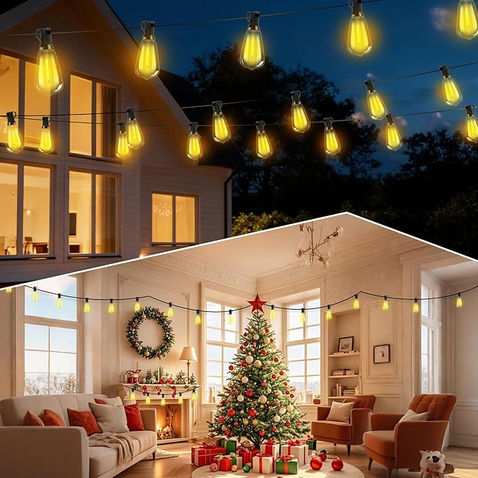 Solar Lights Outdoor Waterproof: ST38 33FT 10M Shatterproof Bulbs Patio Lights - Solar Powered & USB Charging- Remote Control 3 Light Modes Dimmable Solar Light - Camping Backyard Garden