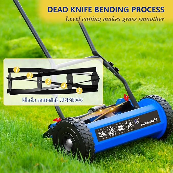 14-Inch Reel Lawn Mower with Tool-Free Blade Adjustment, 5-Blade Manual Push Lawn Mower, 5-Position Height Adjustable Hand Push Reel Mower for Small Yards