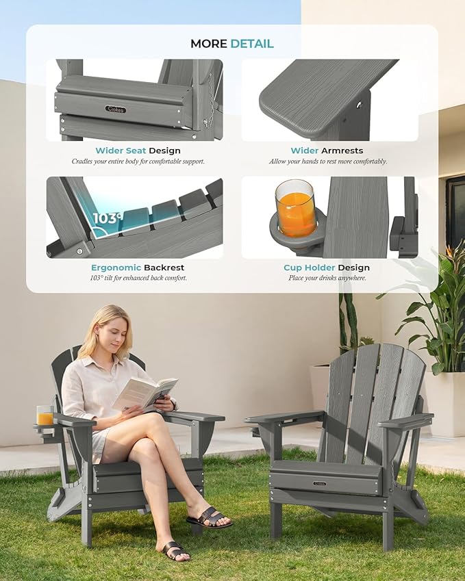 Ciokea Folding Adirondack Chair Wood Texture, Patio Chair Weather Resistant, Plastic Fire Pit Chair with Cup Holder, for Lawn Outdoor Porch Garden Backyard Deck (Grey)