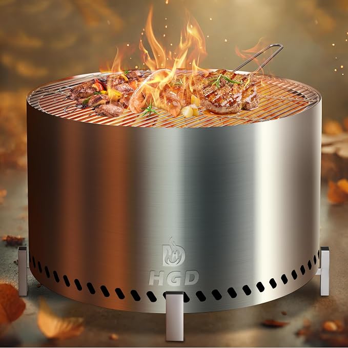 HGD 28" Smokeless Firepit with Stand & Grill Rack, Large Stainless Steel Wood Burning Fire Pit for Friends & Family Gatherings, Secondary Combustion Outdoor Patio Stove for BBQ & Bonfire