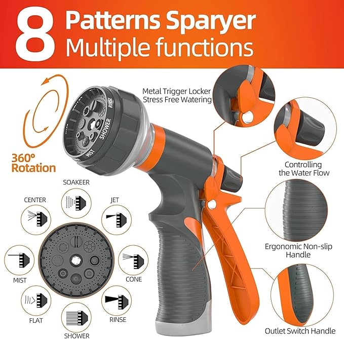 SPECILITE Garden Water Hose 200 ft x 3/4 in Heavy Duty, Flexible and Lightweight, Burst 600 psi, Kink-less Hybrid Rubber Pipe for Backyard, 3/4'' Brass Fittings, Orange