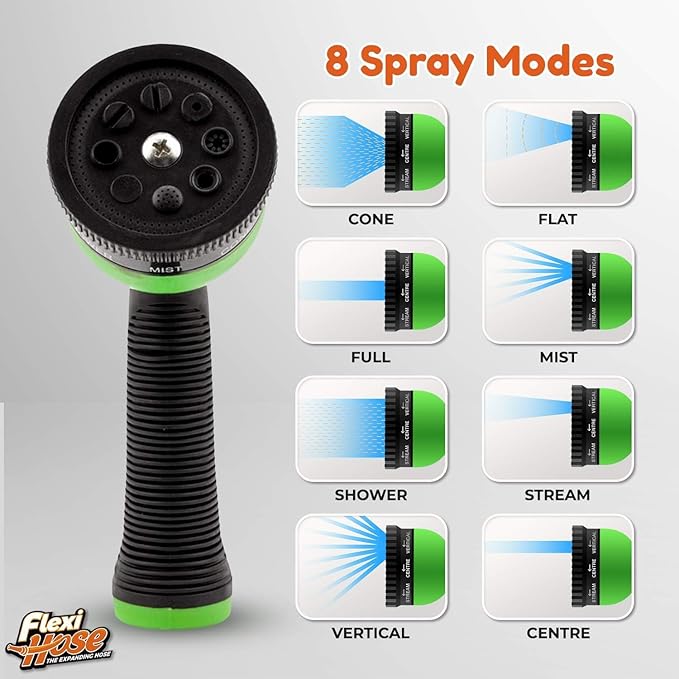 Flexi Hose with 8 Function Nozzle, 100FT - Lightweight Expandable Garden Hose, No-Kink Flexibility, 3/4 Inch Solid Brass Fittings and Double Latex Core - Green