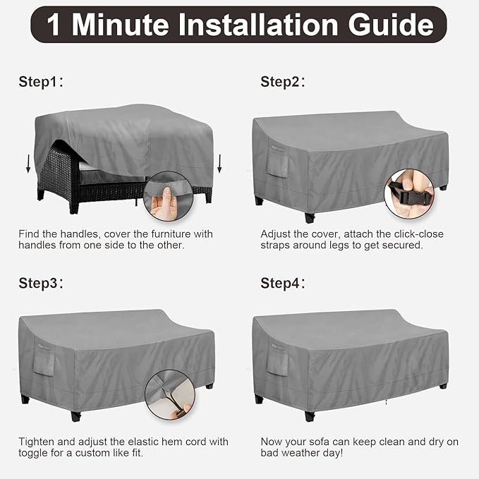 PureFit Outdoor Couch Cover Waterproof Patio Sofa Furniture Covers, 3-Seater Outdoor Cover with Air Vent and Handles, 85W x 35D x 35H Inches, Gray