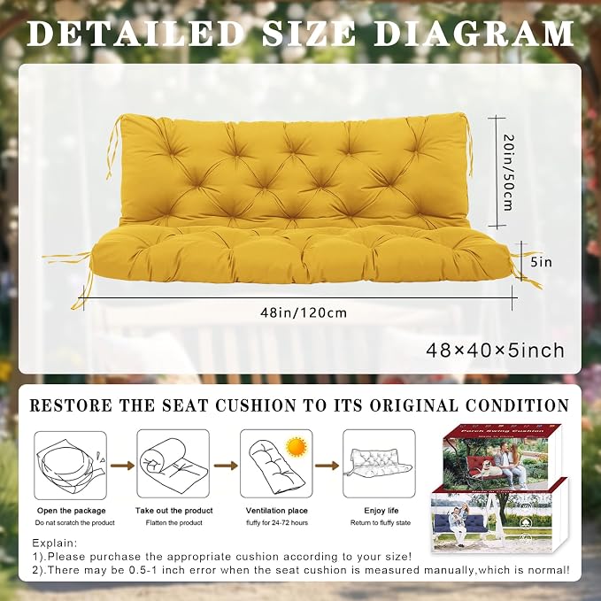 Porch Swing Cushions Waterproof Outdoor Replacement Cushion with Backrest Thicken 5" Bench Cushions Applicable to Patio,Outdoor,Backyard and Garden(Yellow 48×40×5inch)