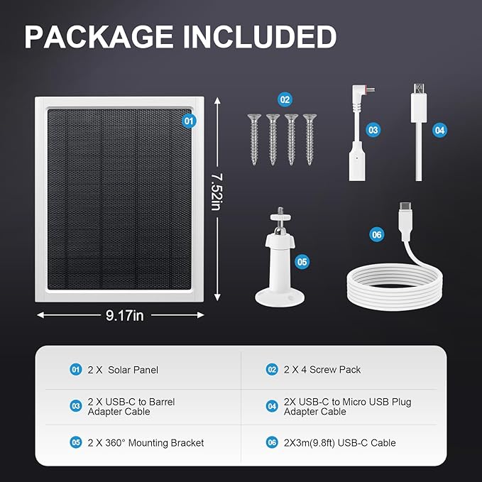 Ring Solar Panel,8W Ring Solar Charger Compatible with Stick Up Camera & Pro, Spotlight Plus & Pro, Stick Up, Spotlight Cam Battery,9.35ft Long Cable with USB-C for Outdoor Cameras (White 2 Pack)