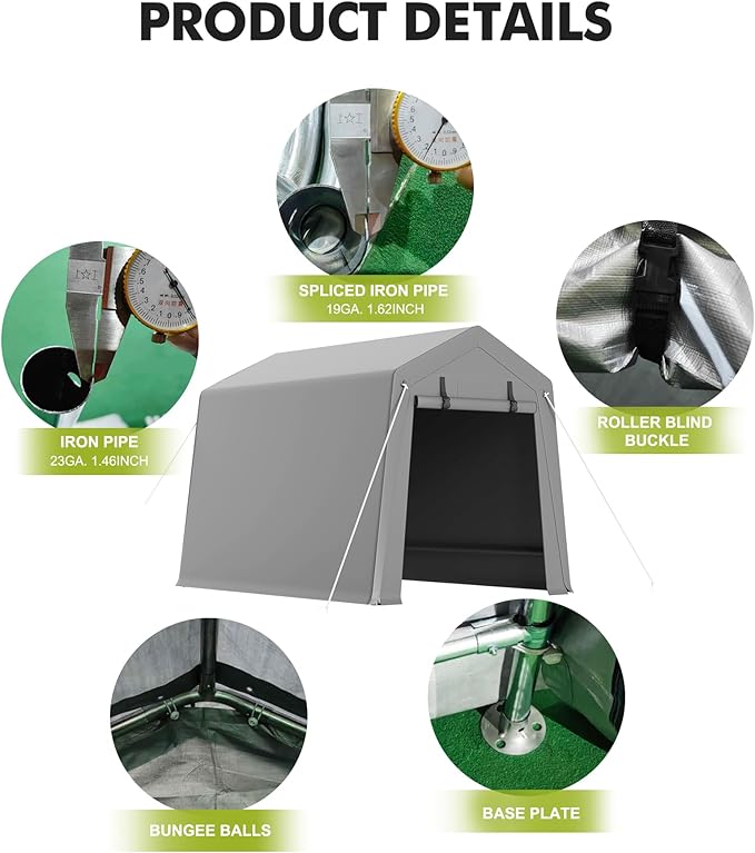 GarveeLife 6 x 8 ft Carport Storage Shed, Portable Garage with Roll-up Zipper Door, Heavy Duty Waterproof Tarp, Storage for Motorcycle, Bike, Firewood, Garden Tools