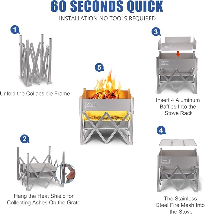 KAMPKEEPER Portable Fire Pit, Outdoor Tabletop Firepit 18 Inch, 304 Stainless Steel Wood Burning Fireplaces, Collapsible Pop Up Fire Pit for Outside, Included Heat Shield for Leave No Trace Fires