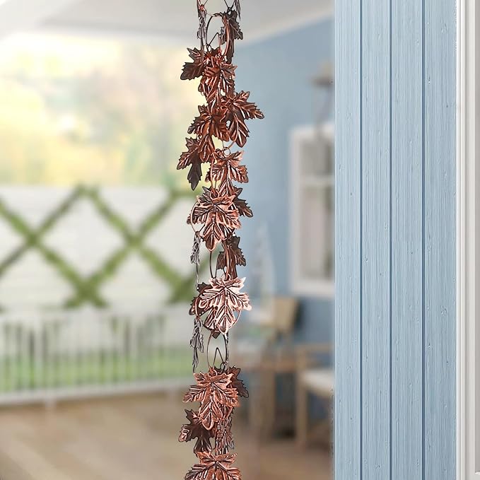 Maple Leaf Rain Chain, 8.5 Feet Rain Chains for Gutters Downspouts, Rain Gutter Catcher Chain for Outside Garden Patio, Metal Decorative Hanging Rain Chime for Downspout, Vintage Copper