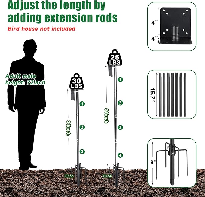 Bird Feeder Pole, 60" Heavy Duty Adjustable Bird Feeder Stand with 5-Pronged Base for Birdhouse Mounting, Weather Station, Outdoor, Yard, Garden