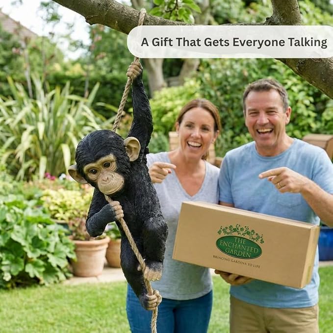 Hanging Monkey Outdoor Decor, Resin Statue on Rope for Front Porch, Patio, Yard, Tree Fence, Garden Ornament, Animal Decoration for Outside Spaces, 21.7 in