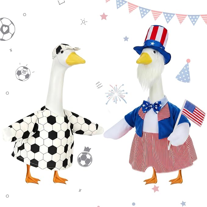 4th of July Porch Goose Outfit with Soccer Goose Outfit, Patriotic Uncle Sam Goose Costume with American Flag & World Cup Fit 23" Geese Statues Garden, Patio, Lawn Yard Decor