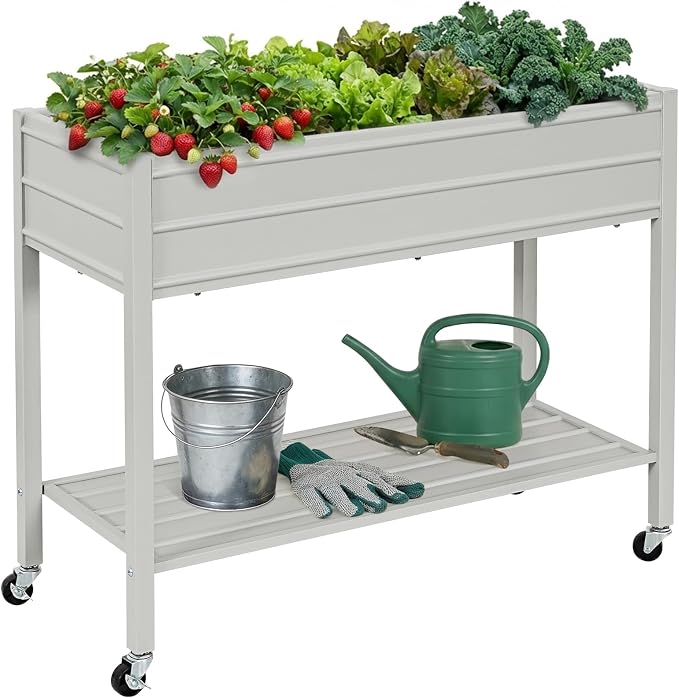 32" Tall Galvanized Raised Garden Bed with Legs Wheels & Shelf, Elevated Planter Box Outdoor for Vegetables, Herbs & Flowers, Patio & Backyard, Garden Bed with 400lb Capacity,Grey