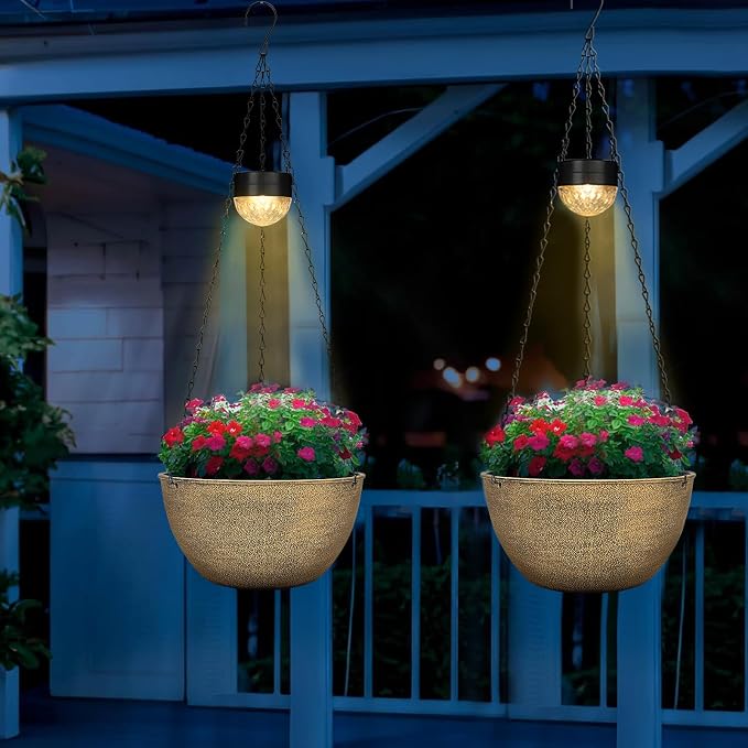 SUNNYPARK 2 Packs Hanging Planters Basket for Outdoor Plants, Solar Powered Self Watering Copper Round Plastic Flower Pots with Drainer for Balcony Patio Garden Outdoor Decoration
