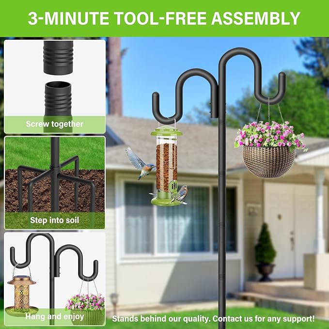 Double Shepherd Hook for Outdoor, 92" Heavy Duty Bird Feeder Pole with 5-Prong Base, Adjustable Thickened Shepherd Hook for Bird Feeder, Flower Baskets, Solar Lights, Lanterns, Black, 2 Pack