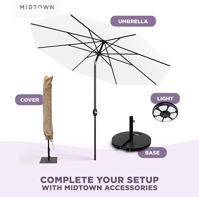 Midtown Umbrellas - 10-Year-No-Fade 6 Ft Patio Umbrella with Terylast Fabric, Auto-Tilt Aluminum Frame and 8 Reinforced Ribs for Deck, Pool, Garden & Beach - Ivory White Canopy, Black Pole