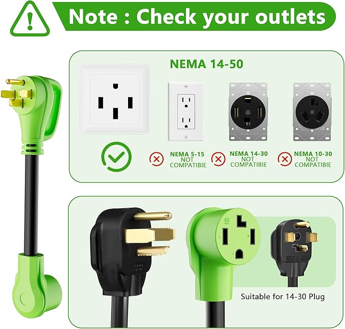 4 Prong 50 Amp to 30 Amp EV Dryer Charger Adapter Cord, Compatible with EV and Dryer Use, STW, 10AWG, for Level 2 EV and Dryer Plug Conversion, NEMA 14-50P to 14-30R, 125V/250V, 1FT, Green