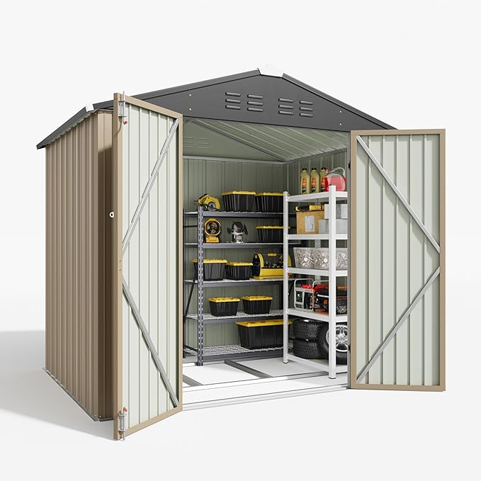 Patiowell 6x4 FT Outdoor Storage Shed with Floor Frame, Metal Garden Patio Sheds with Sloping Roof and Lockable Door, Waterproof Steel Tool Shed for Backyard Garden Lawn, Brown