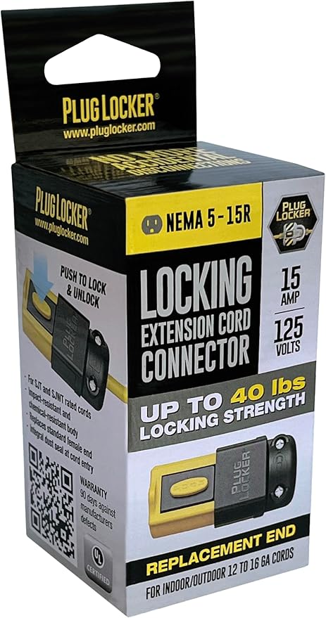 Locking Extension Cord Connector Replacement End - 15A, 125V - No More Accidental Disconnections, Indoor/Outdoor Use, Impact-Resistant (1)