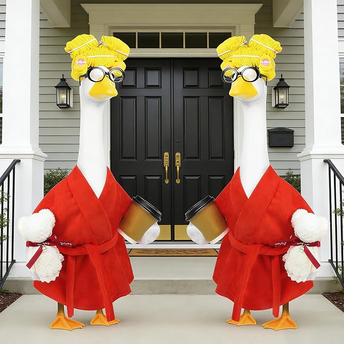 Lady Porch Goose Outfits,Bathrobe Porch Goose Statue Costume with Curlers Reading Glasses Coffee Cup Towel,Cute Goose Clothes for 23-Inch Cement Statue,Lawn Yard Garden Patio Decor(Red)
