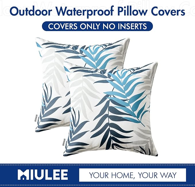 MIULEE Pack of 2 Decorative Outdoor Waterproof Throw Pillow Covers Patio Pillow Cases Natural Leaves Pattern Spring Square Cushion Shams Shell for Garden Balcony Couch 18x18 Inch, Navy Blue