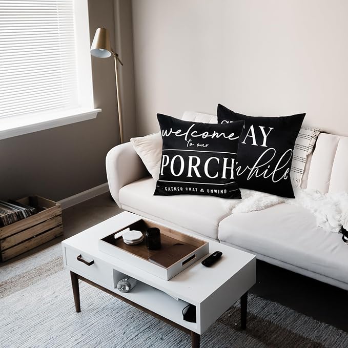 TAJWE Outdoor Pillow Covers Waterproof 18x18 Set of 2 Black and White Decorative Welcome to Our Porch Stay Awhile Cushion Cases for Patio Furniture Sofa Couch Decor