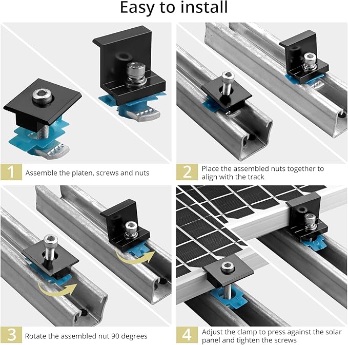 Anbte 10 PCS Solar Panel Mounting Brackets for Unistrut, Aluminium 35mm 6 x T-Shaped Mid Clamps + 4 x End Clamps, Solar Panel Mounting Kit for Metal, Tin, Flat, Sheet Roofs, RV, Black