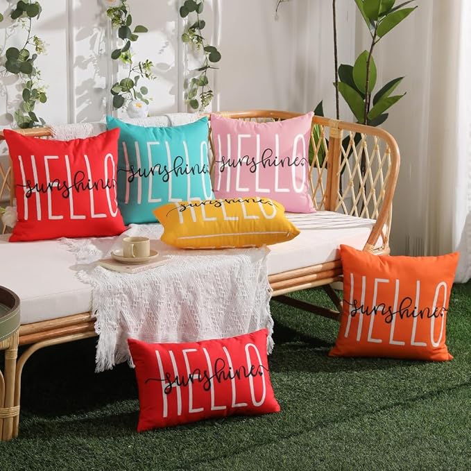 DFXSZ Outdoor Pillow Covers 20x20 Inch Set of 2 Hello Sunshine Decor Pink Waterproof Throw Pillow Covers Summer Outdoor Waterproof Pillow Covers Decor for Patio Funiture Garden Sofa Couch 020F20