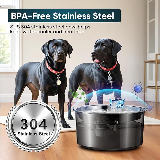 lesotc Dog Water Fountain for Large Dogs/Cats, 2.6 Gallon Pet Water Fountain Cat Water Fountain 10L Dog Water Bowl Dispenser with Stainless Steel Filtered Drinking Bowl for Dogs & Cats & Multiple Pets