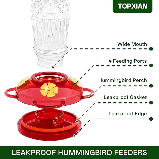 Plastic Hummingbird Feeders for Outdoors Hanging, 2 Pack 14OZ Ant & Bee Proof Humming Bird Feeder, 4 Feeding Ports Leak Proof Hummingbird Feeder for Outside Garden Decor, Gifts for Women Mom