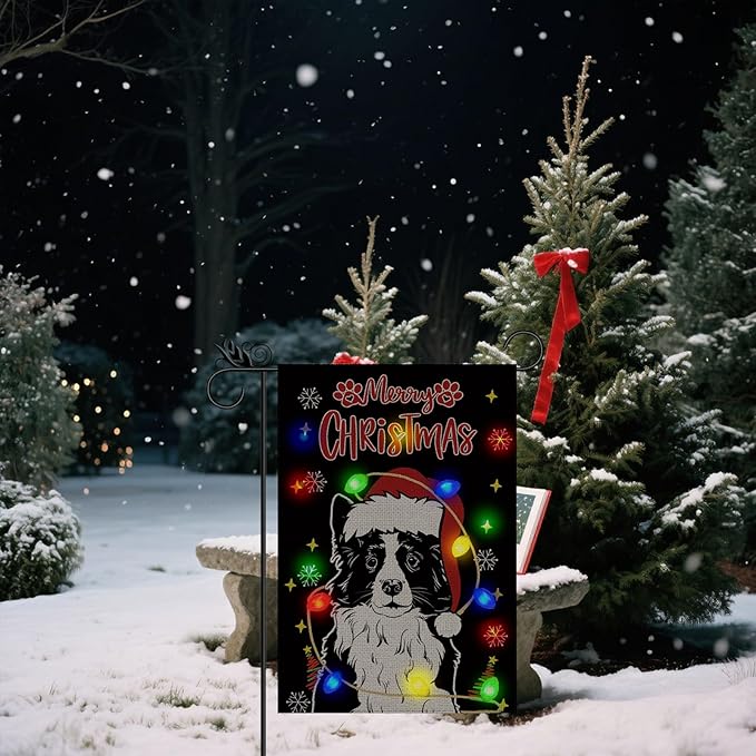 Christmas Dog Garden Flag - Led Border Collie Christmas Decor for Outside, Welcome Garden Flags Double-Sided Flag for Seasonal Winter Farmhouse Yard Lawn Decoration Gifts 12x18 inches