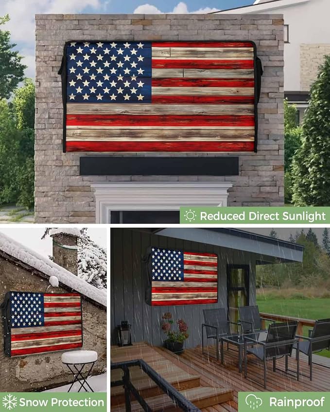 American Flag Outdoor TV Cover 52-55 Inches, Weatherproof & Waterproof, Red Striped Blue Star Enclosure with Remote Control Pocket, Vintage Wooden TV Screen Protectors