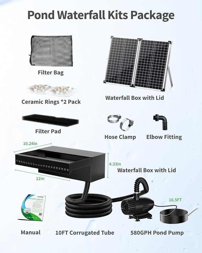 POPOSOAP 70W Solar Pond Waterfall Spillway with Pond Pump, Pond Spillway with 304 Stainless Steel & Filtration System & 9.8FT Tube for Pond Fountain Waterfall Garden Water Features-P5703S