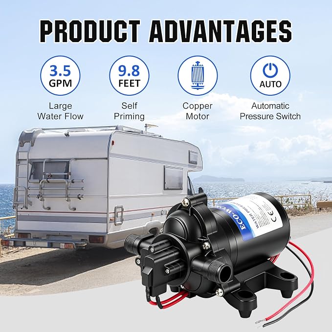ECO-WORTHY RV Fresh Water Pump 12V DC 3.5GPM 45PSI with Pressure Switch, 12Volt Self Priming Water Pressure Diaphragm Pump On demand for RV Yacht Camper Sprayer Food Truck Black