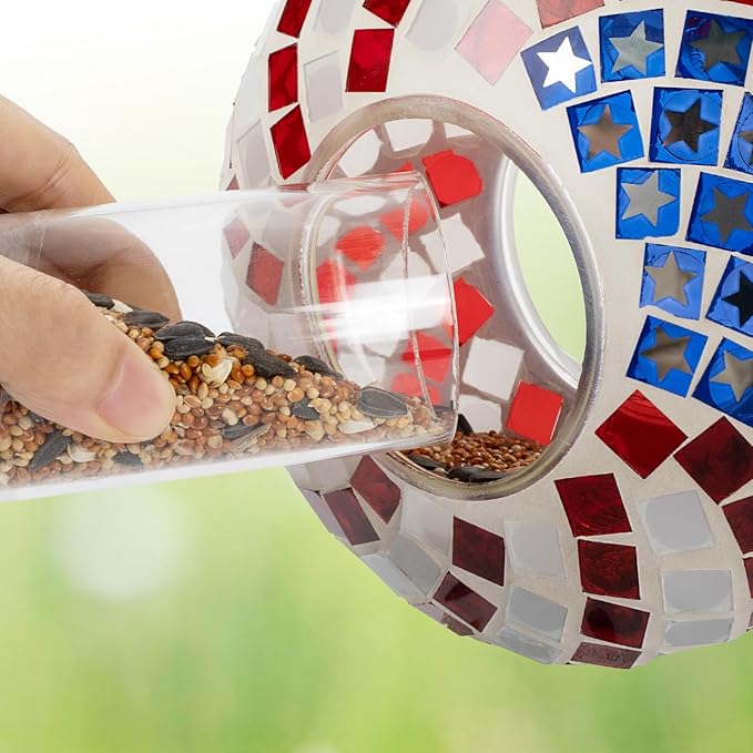 Backyard Expressions Hanging Glass Bird Feeder - Patriotic - Fly Through Bird Feeders for Outside, Mosaic Bird Feeder, Round Shape Wild Birdfeeder