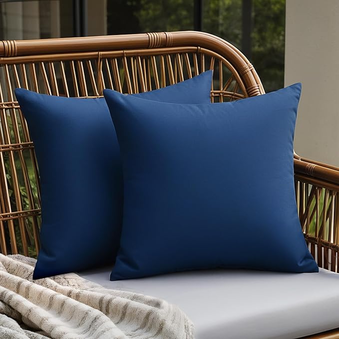 Outdoor Pillow Covers Set of 2, Decorative Farmhouse Waterproof Pillow Covers, Solid Linen Pillowcase Cushion Covers for Patio Garden Balcony Couch Sofa 18x18 inch, Navy