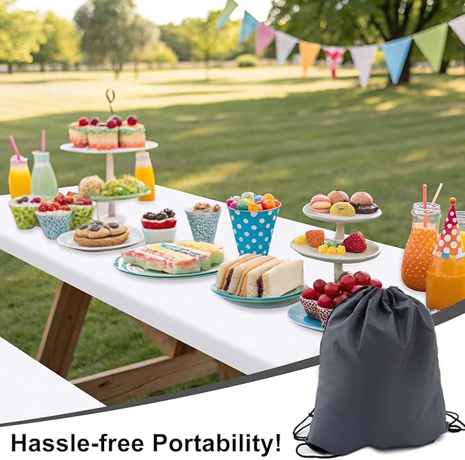Smiry Picnic Table Cover with Bench Covers, Waterproof Elastic Fitted Polyester Tablecloths for 5 Ft Rectangle Tables, Washable Windproof Tablecloth for Camping, RV & Outdoor (White, 30x60 Inches)
