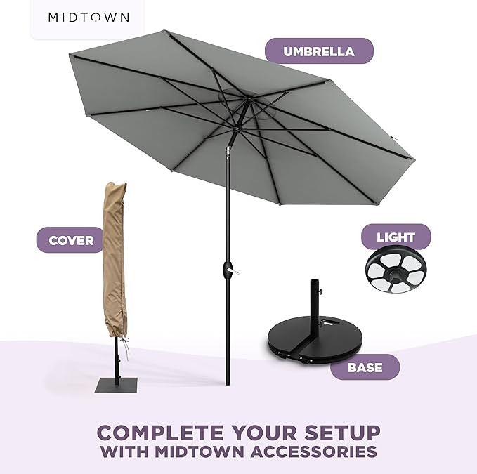 Midtown Umbrellas 10-Year-No-Fade - 9 Ft - UV Proof Matter Grey Polyester Fabric - Umbrella Outdoor Patio, Auto-Tilt Aluminum Frame Patio Umbrella for Garden, Pool & Deck - Black Pole