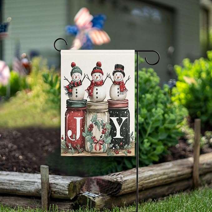 Pfrewn Christmas Winter Garden Flag 12x18 Double Sided Snowmen Joy Mason Jar Small House Yard Flags Welcome Seasonal Outdoor Indoor Banner for Xmas Holiday Yard Home Decoration